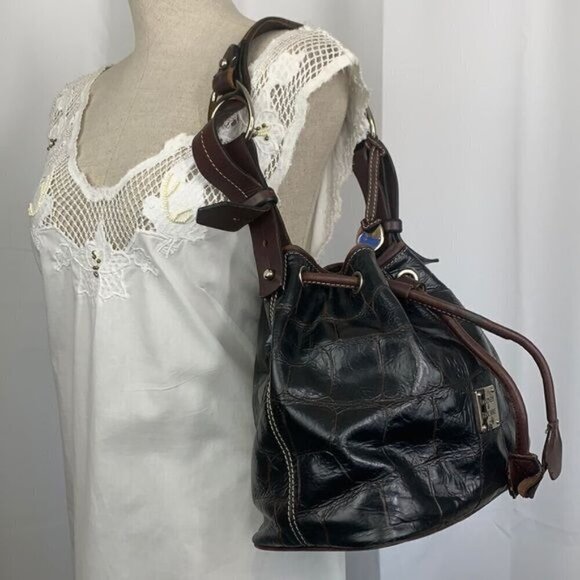 Dooney & Bourke Croc Embossed Leather Drawstring Shoulder Bag-Brown 10”W x 10”H - Picture 16 of 16